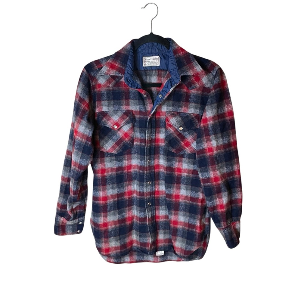 Pendleton Vintage Red Blue Grey Plaid Pearl Snaps Long Sleeve Button Down Medium